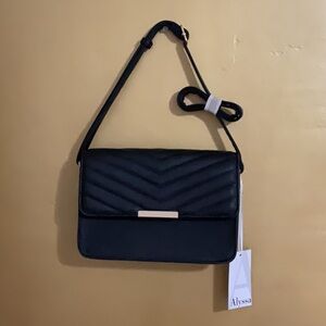 Designer inspired black faux leather chevron cushion crossbody bag